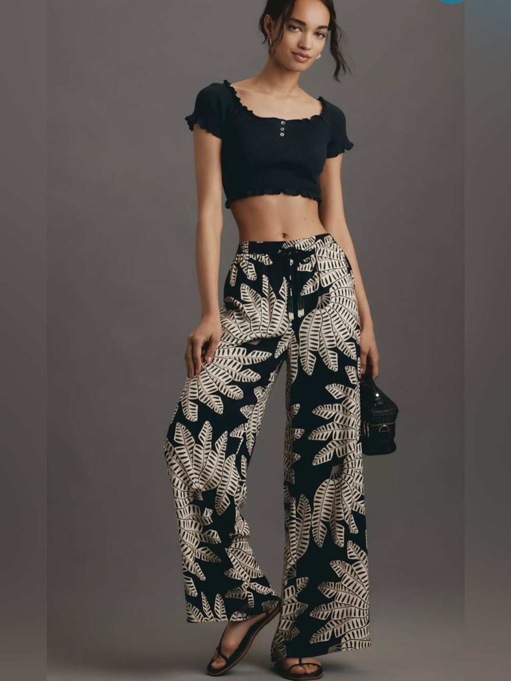 Farm Rio x Anthropologie Palm Dark Navy Pull-On Wide-Leg Pants Size Large